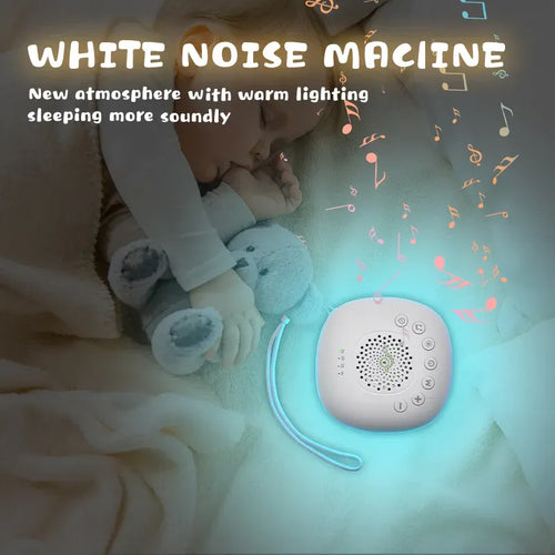 White white noise machine for baby sleep with control buttons, timer display, and soft light for peaceful rest.