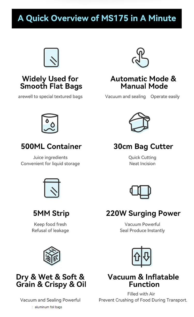 Vacuum Packaging Machine for Food Plastic Bags Sealer Sealing Machine Mylar Bags Kitchen Packer Automatic Manual Modes Home Appl