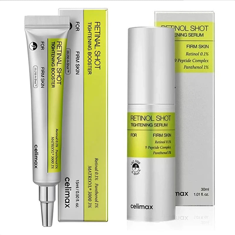 Retinol tightening facial serum tube and bottle with boxes