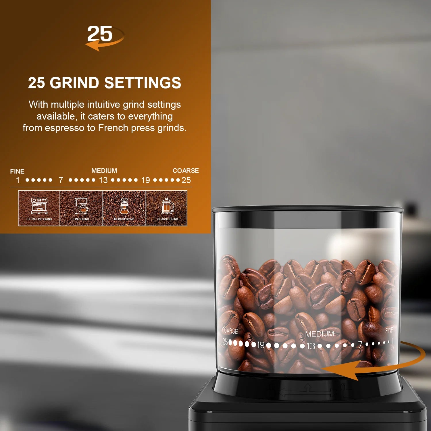 Black coffee grinder with clear hopper, 25 adjustable grind settings for espresso to French press brewing.