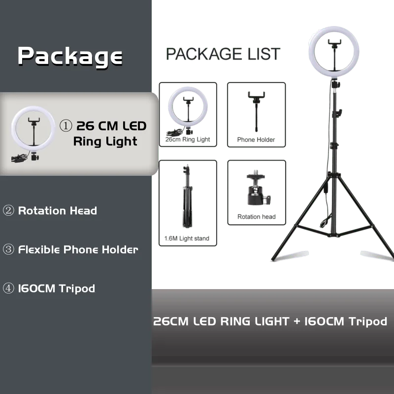10-Inch LED Ring Light with Adjustable Tripod Stand for Content Creation 10in Ring BK160cm Tidesmit