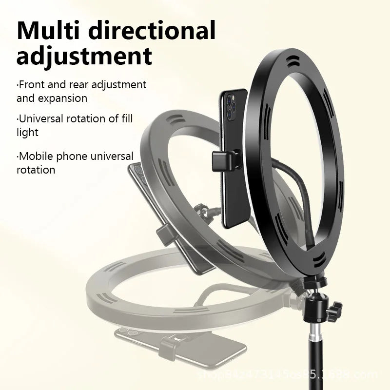 Black adjustable LED ring light on a stand with a phone mount for flexible positioning and multi-angle content creation.
