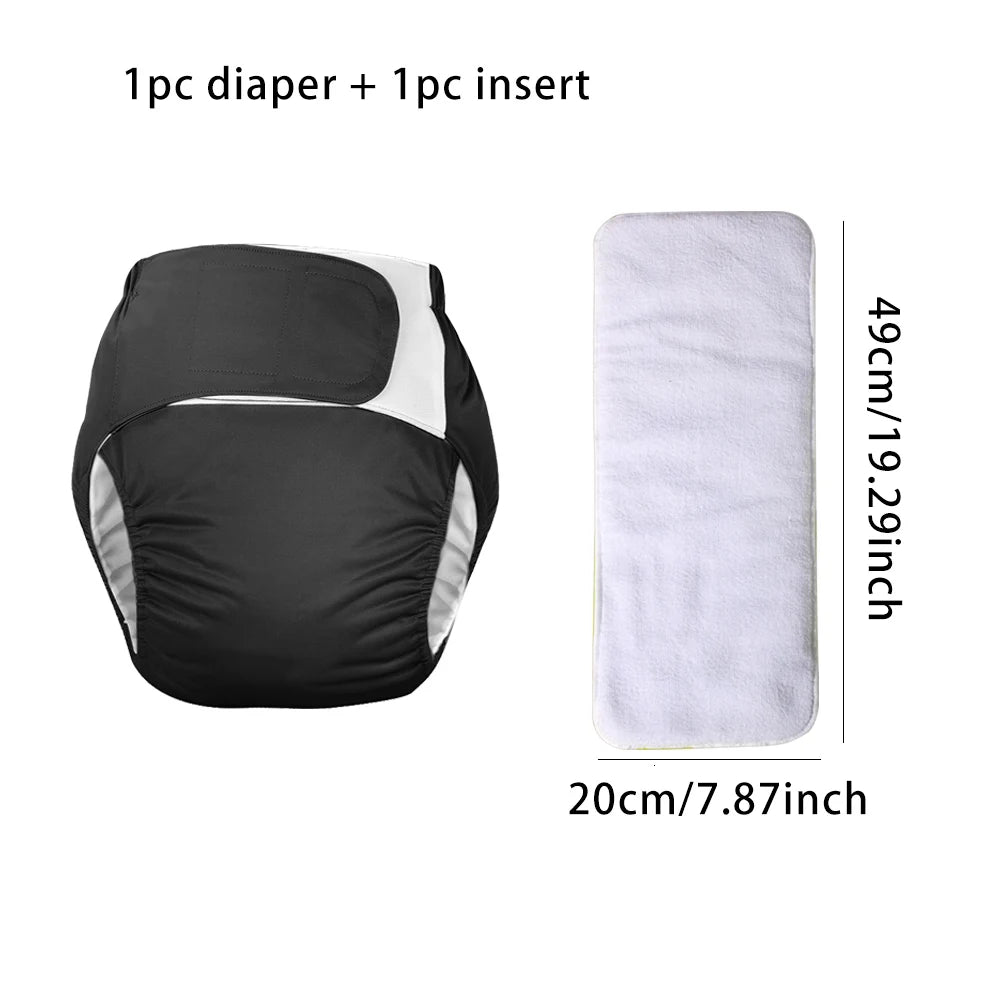 Reusable black cloth baby diaper with one 49cm absorbent insert for leak-proof infant care.