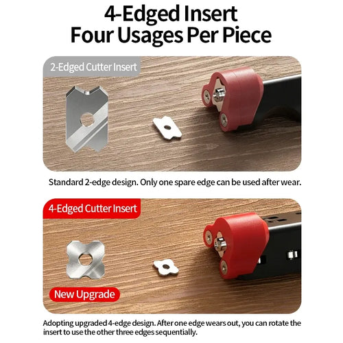 4-edged cutter insert and spare blade pieces with red edge trimmer housing