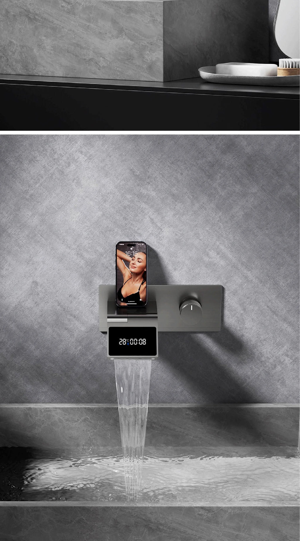 Luxury Gun Gray Brass Wall Mounted Bathroom Faucet with LED Digital Display Single Handle Hot & Cold Water Embedded Bathroom Tap