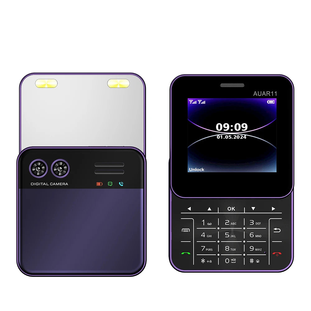 Side-slider dual SIM smartphone, purple frame showing light gold back and black keypad front
