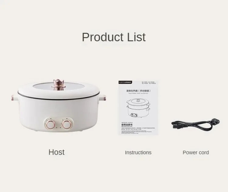 Electric hot pot product list with host unit, instructions, and power cord shown