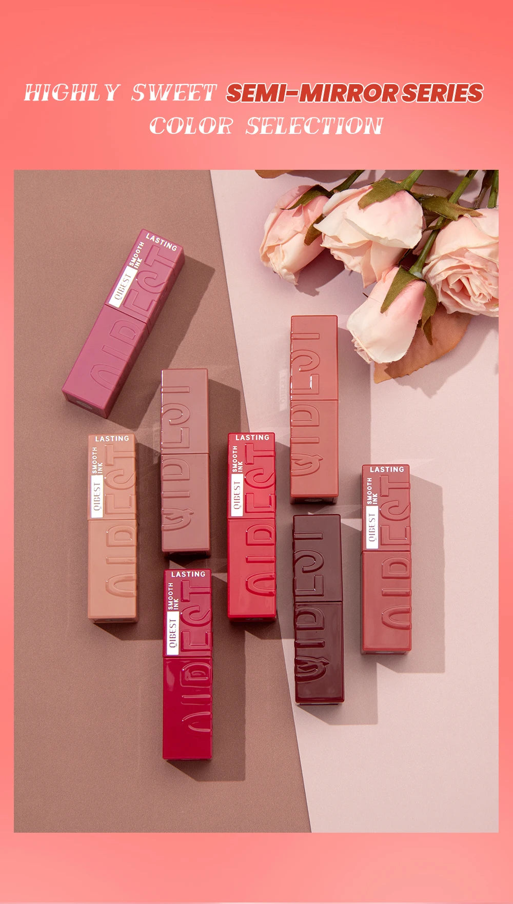 QIBEST 8-color watery mirror lip glaze set featuring long-lasting, waterproof, moisturizing liquid lipsticks.