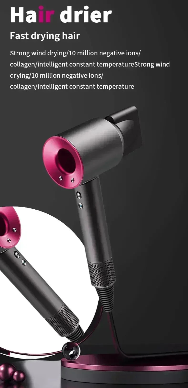 Grey and magenta ionic hair dryer with styling nozzle, fast-drying motor, and stand for professional blowouts.
