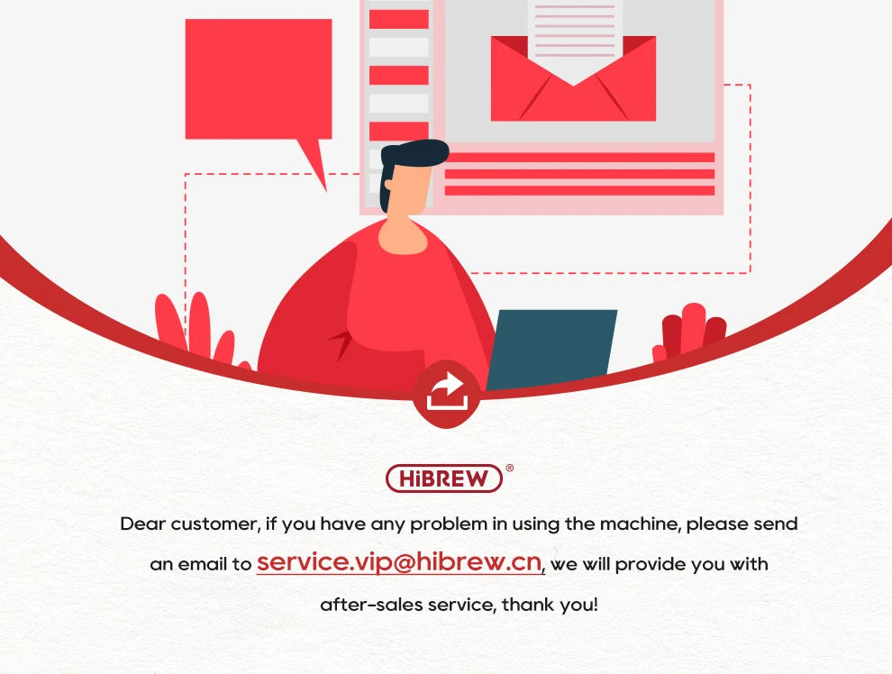 HiBREW customer support banner featuring a cartoon illustration of a person emailing for after-sales assistance.