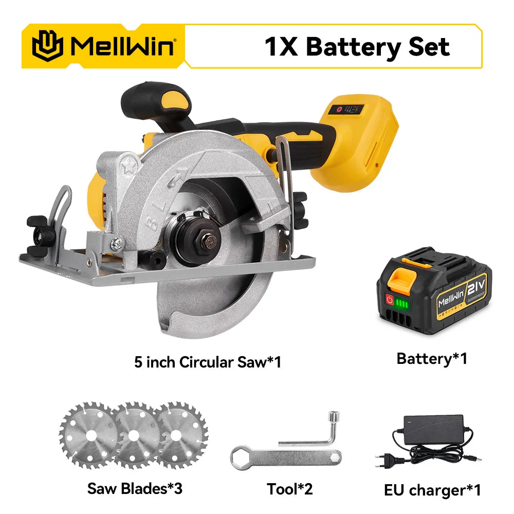 MELLWIN 5 Inch Brushless Electric Circular Saw Cordless Multi-Angle Saw Woodworking Power Tool Set For Makita 18V Battery Pin