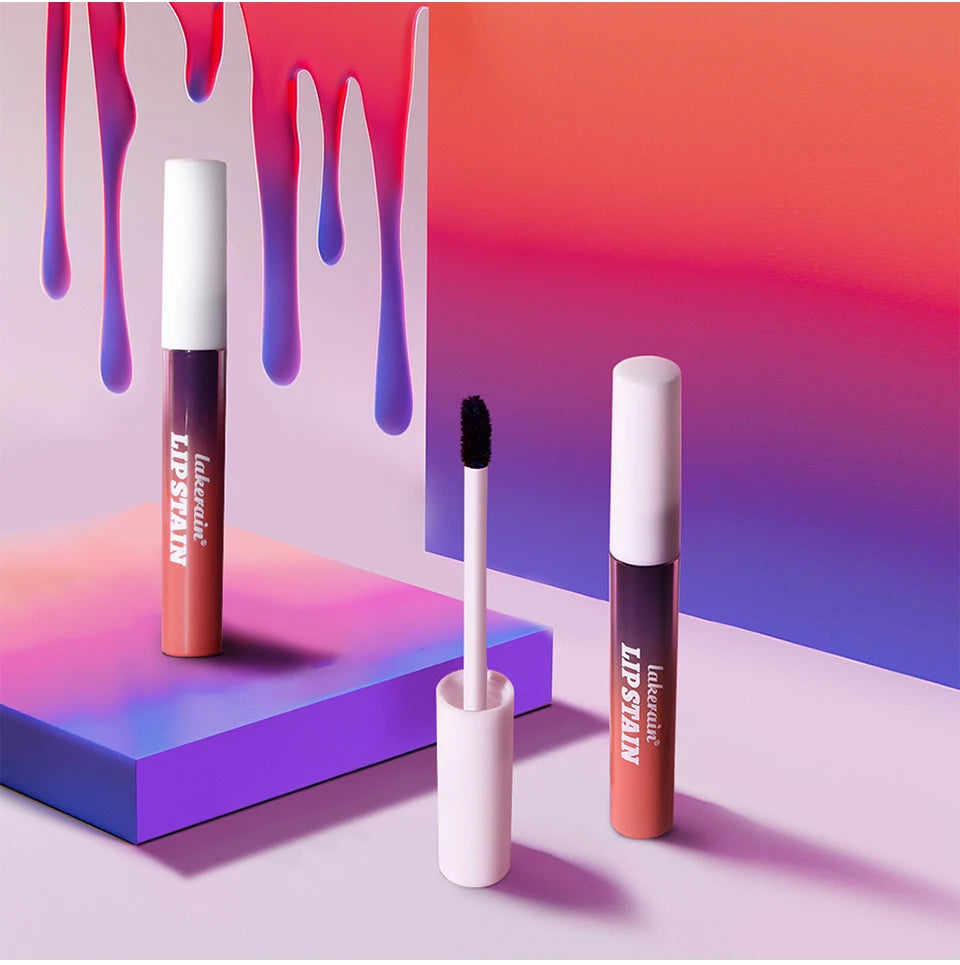 Waterproof peel-off lip stain tubes in a gradient design with applicator, featuring long-lasting matte lip makeup.
