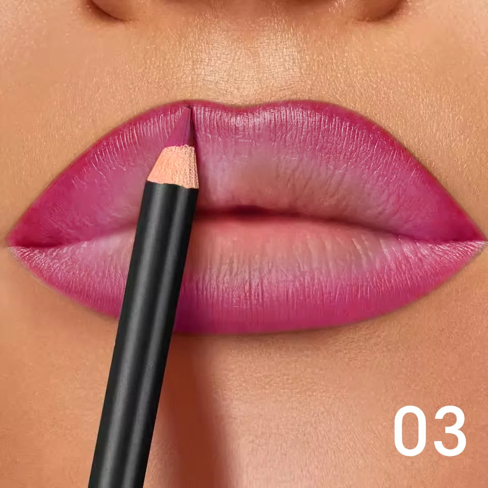 Long-lasting waterproof matte lip liner pencil applying a vibrant pink shade to lips for a precise, non-transfer finish.