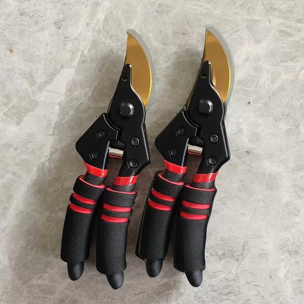 Set of two pruning shears, yellow curved blades, black handles with red rubber grips
