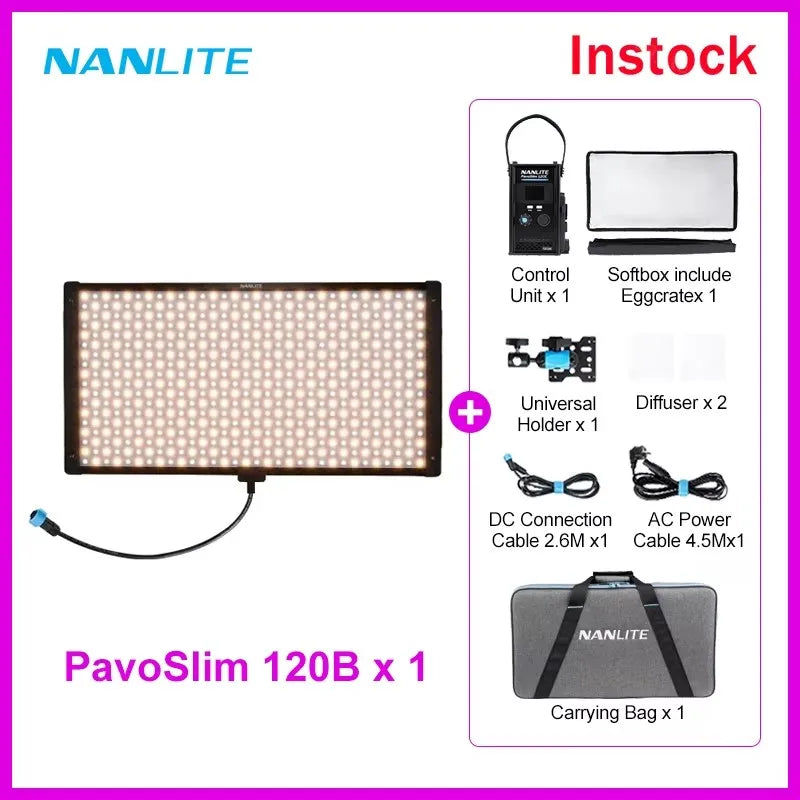 PavoSlim 120B LED panel with control unit, softbox, eggcrate, universal holder, diffusers, cables, and carrying bag.
