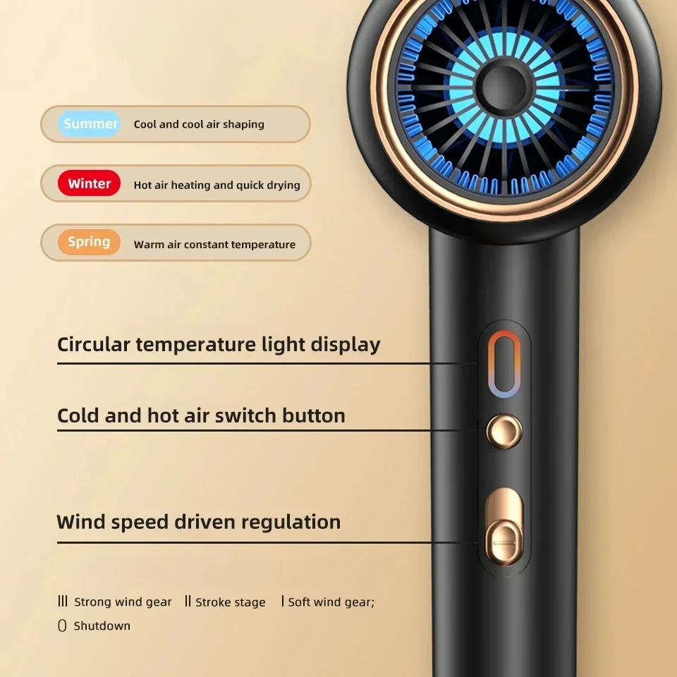 Black and gold high-speed hair dryer with circular LED temperature display, heat settings, and adjustable wind speeds.