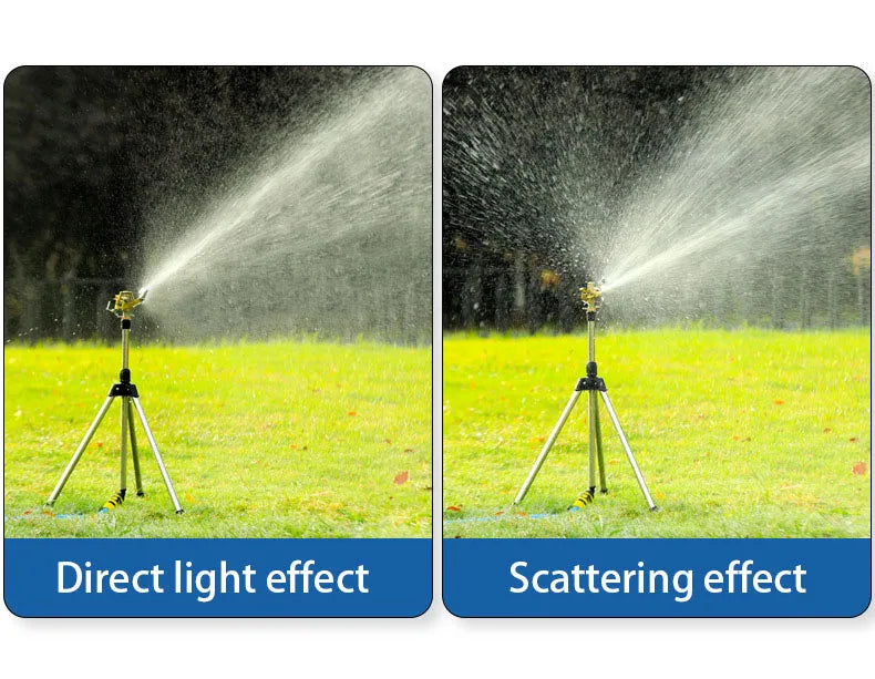 Tripod sprinkler producing scattering spray pattern across the lawn