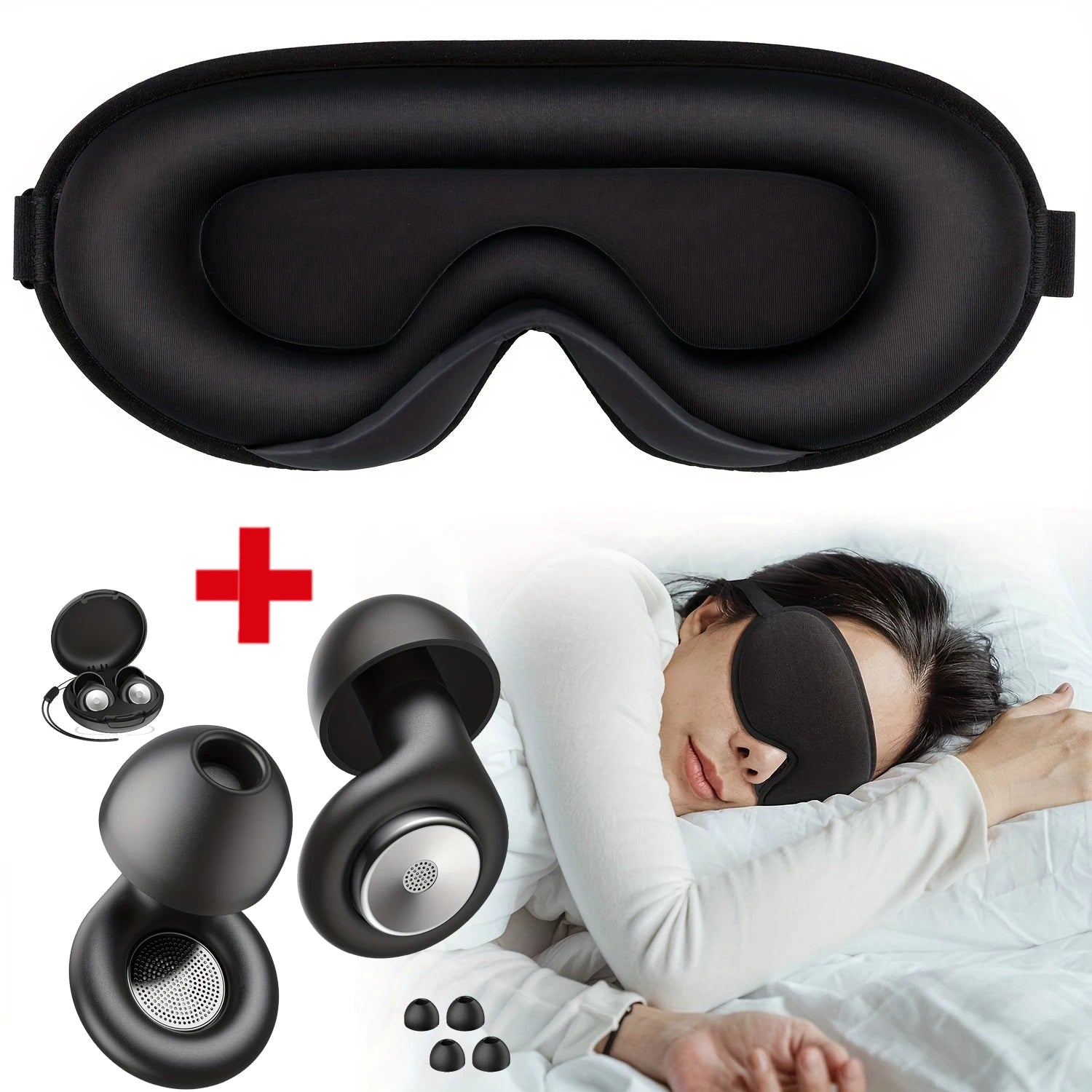 3D Sleep Mask with Integrated Earplugs - Ergonomic Light Blocking Black Tidesmit