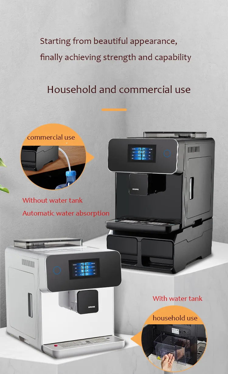 Automatic black and silver espresso coffee machine with touchscreen display, featuring both tank and direct feed options.