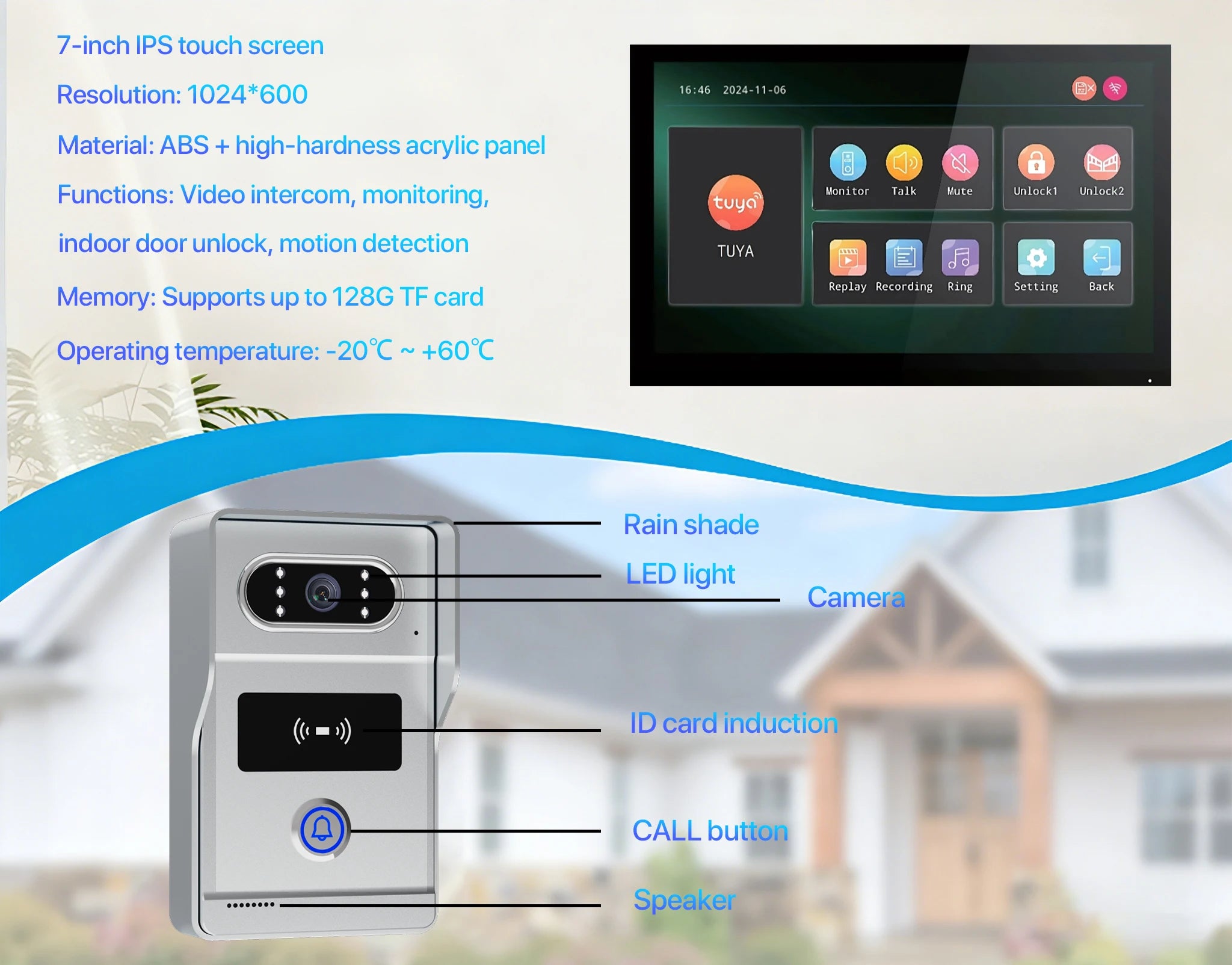 Tuya 7' Touch Screen Smart Video Doorbell System 2-Wire Remote RFID Unlock Night Vision Home Intercom Kit for Villa