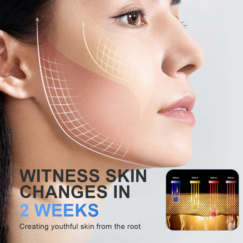 4-color LED light therapy for face skin rejuvenation, anti-aging, and hair growth with 660nm and 850nm wavelengths.