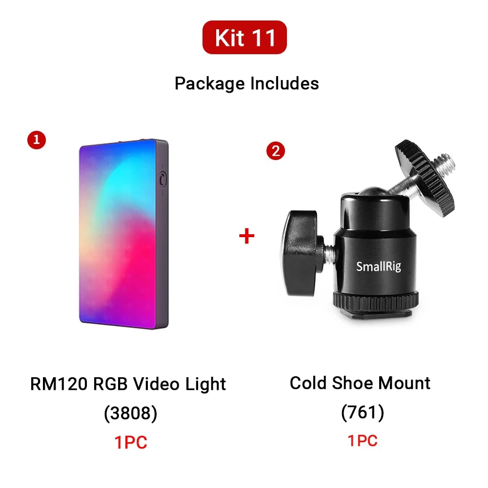 RM120 RGB LED panel light and a black metal ball head cold shoe mount for camera lighting and accessory attachment.