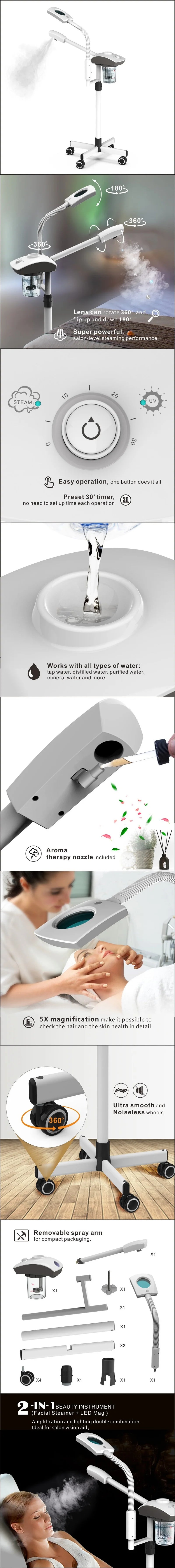 Professional white rolling ozone facial steamer with LED magnifying glass for deep cleaning, skin moisturizing, and spa.