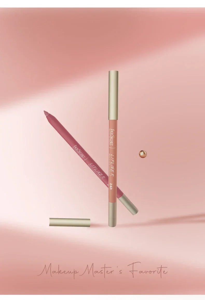 Face Secret waterproof matte velvet lipliner pens in pink and nude shades on a soft rose background.