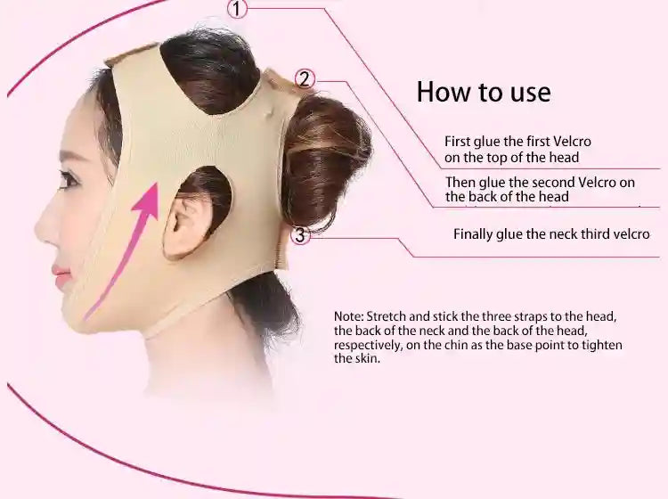 A beige, elastic V-line face slimming bandage worn by a woman, showing instructions for three-strap velcro adjustment.