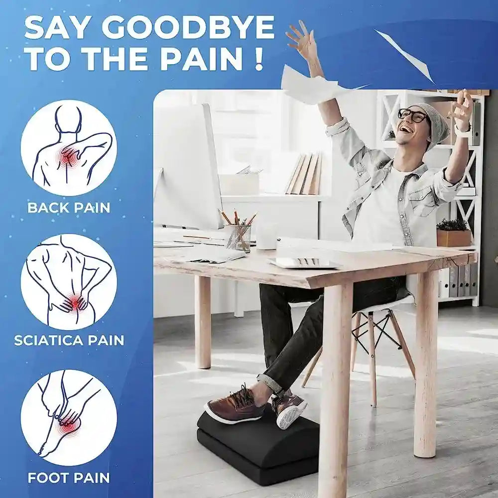 Adjustable memory foam under desk foot rest for office back, hip, and foot pain relief in black.