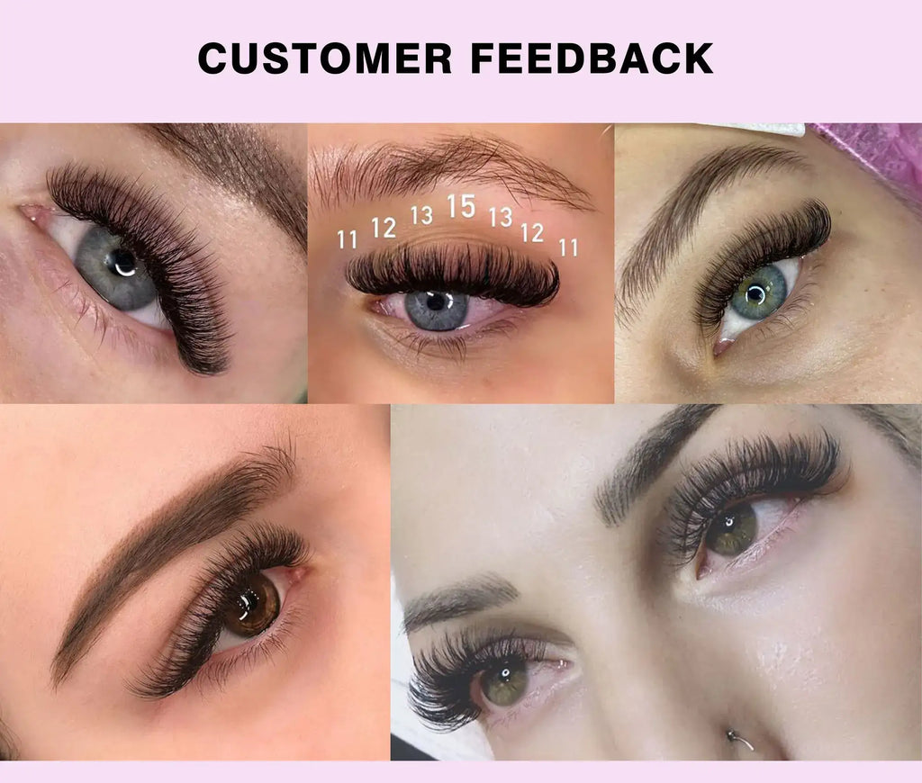 Collage showing black synthetic eyelash extensions applied to natural lashes in various lengths ranging 11mm to 15mm.