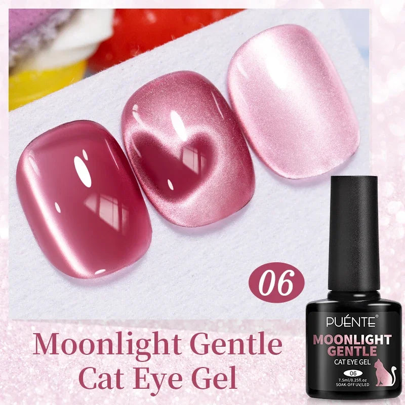 Moonlight Gentle cat eye gel polish in shade 06. Three pink nail swatches with shimmering magnetic heart effects.
