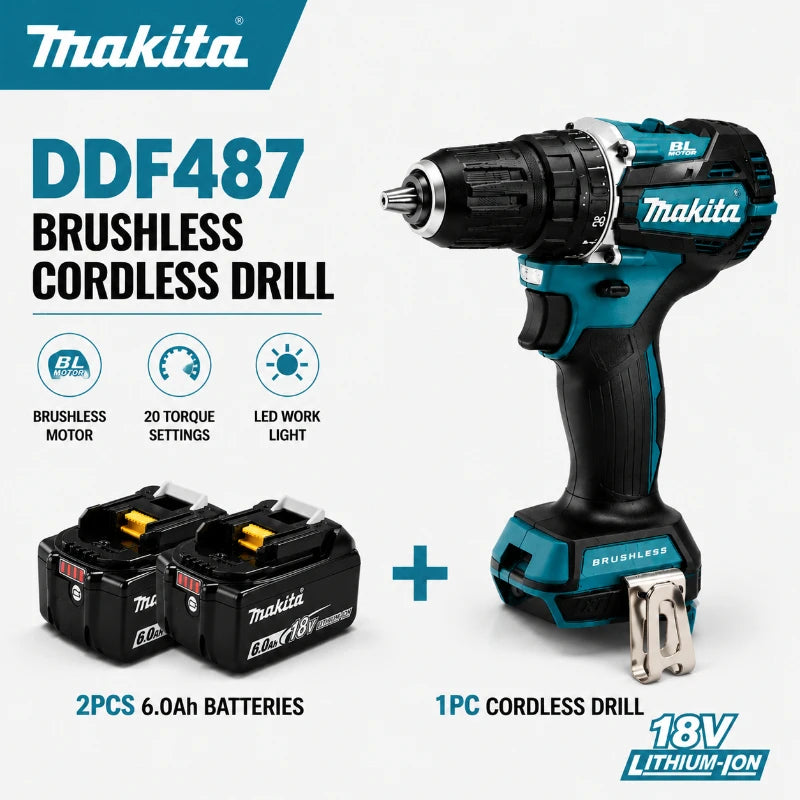 Original Makita 18V Cordless Drill Brushless High Torque Electric Drill DDF487 + Battery Pack BL1860B BL1840 DIY Professional Tool EU Fast Shipping
