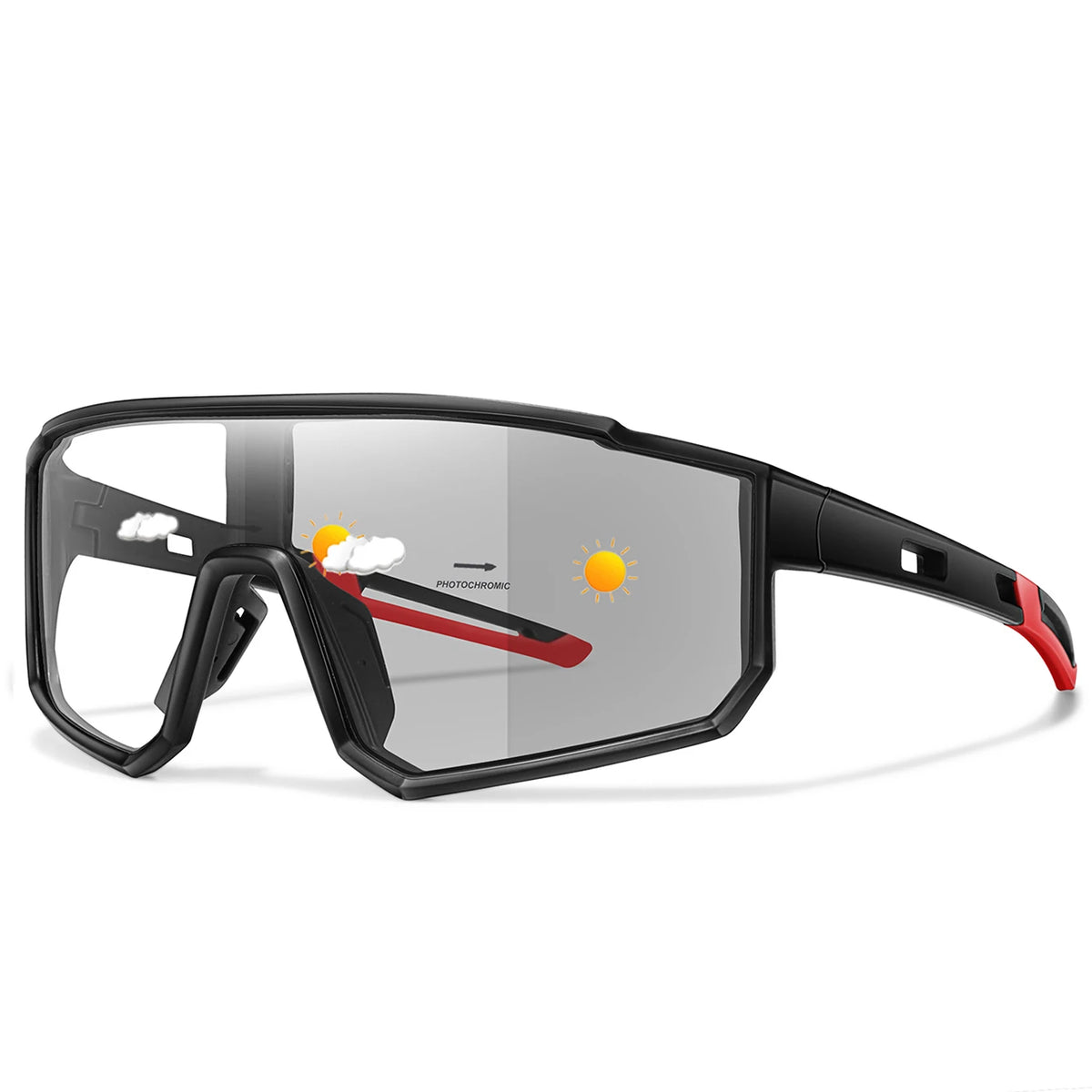 Photochromic cycling sunglasses, black frame with red temple stripes and gray lenses.