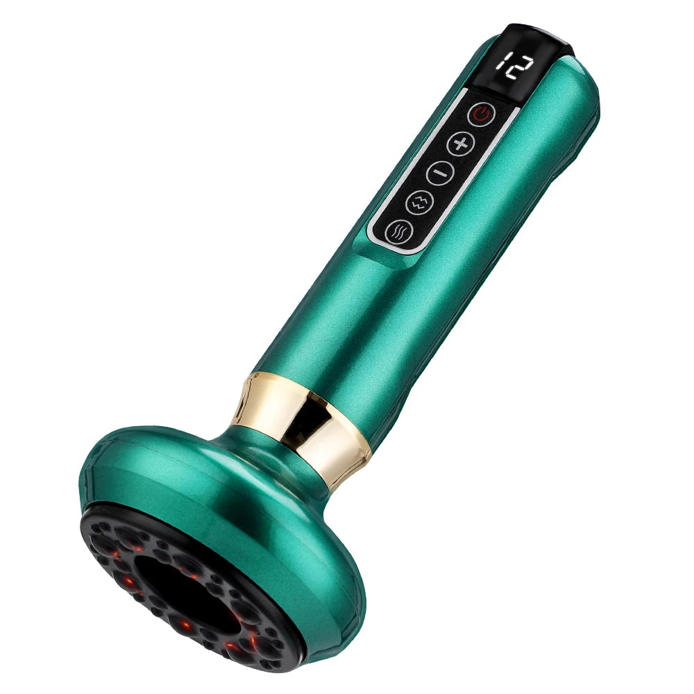 Green handheld electric cupping massager with 12-gear vacuum suction, heating, and LED display for body slimming.