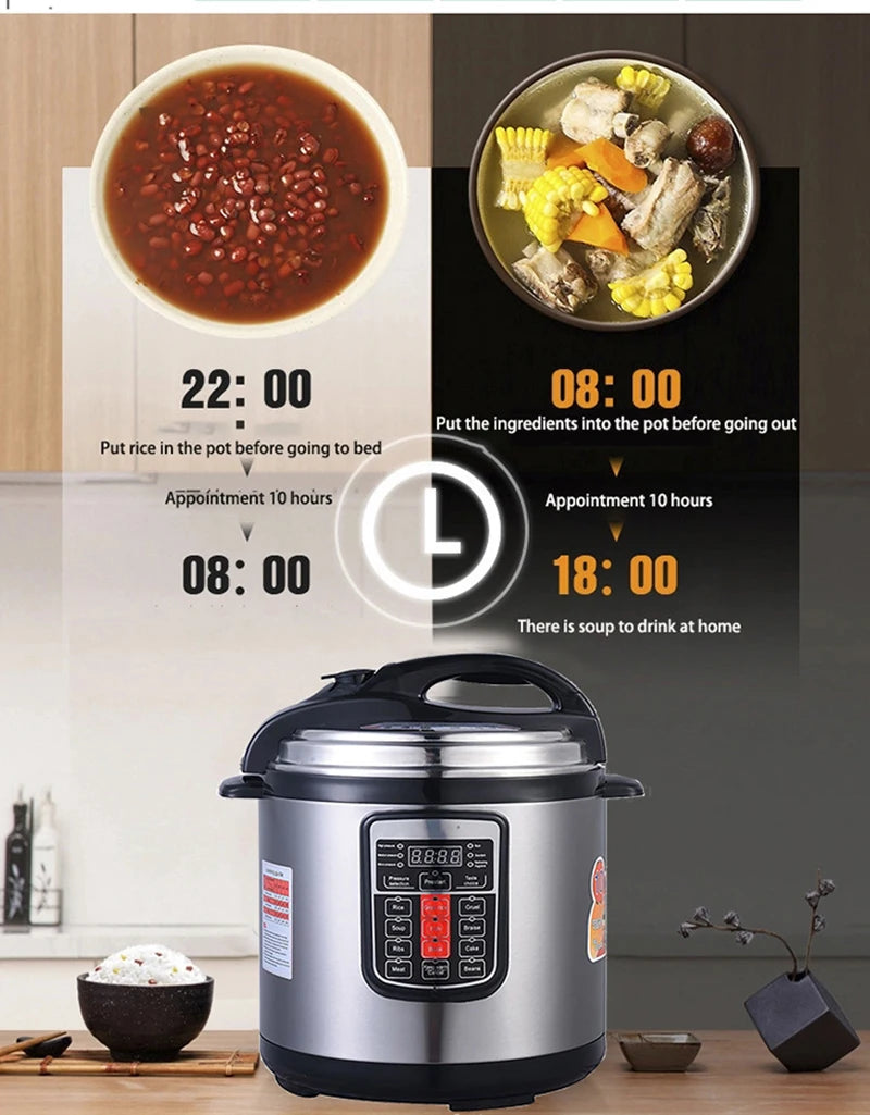 Silver pressure cooker with display panel and timer schedule icons