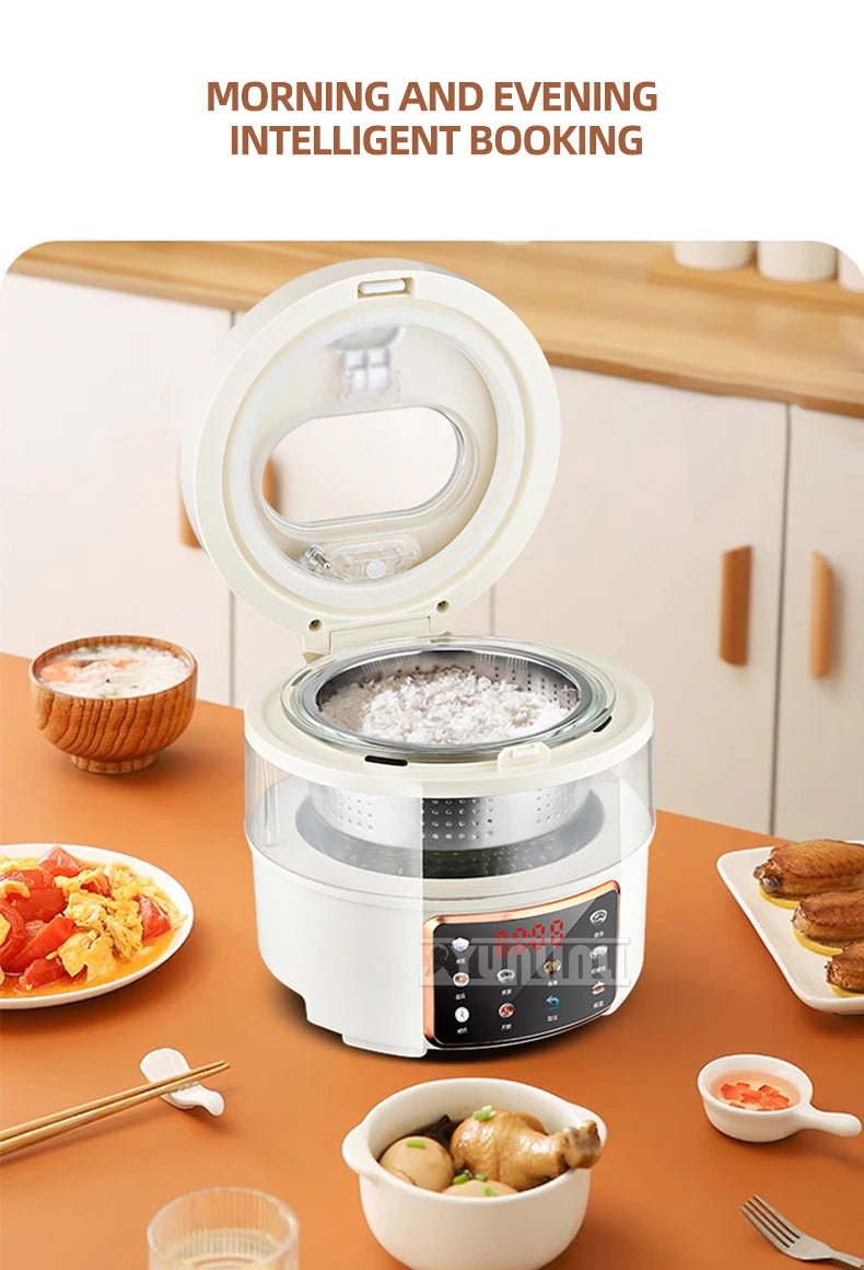 Visual glass rice cooker with open lid revealing the inner cooking pot