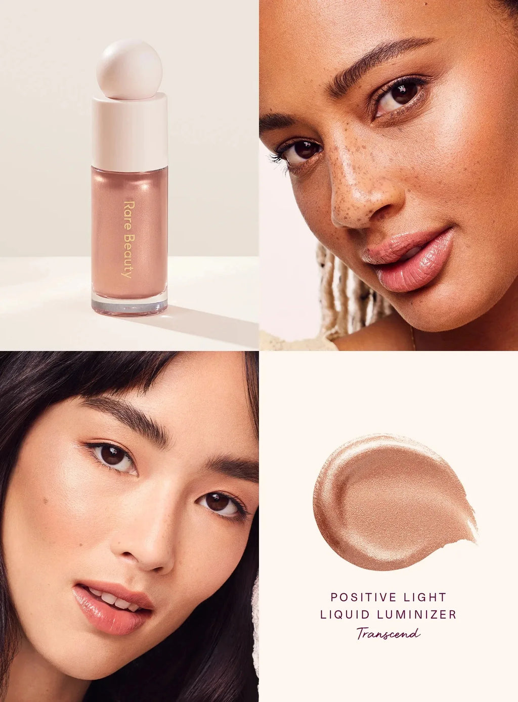 Rare Beauty Positive Light Liquid Luminizer in Transcend, a shimmering rose-gold liquid highlighter and lip makeup.