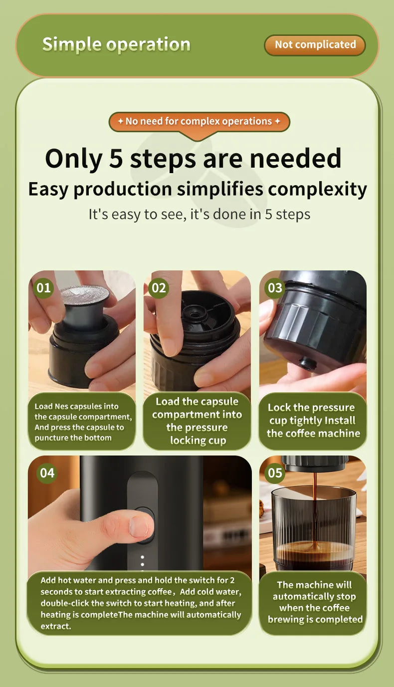 Black portable capsule coffee maker manual showing 5 simple steps for brewing espresso using Nespresso pods.