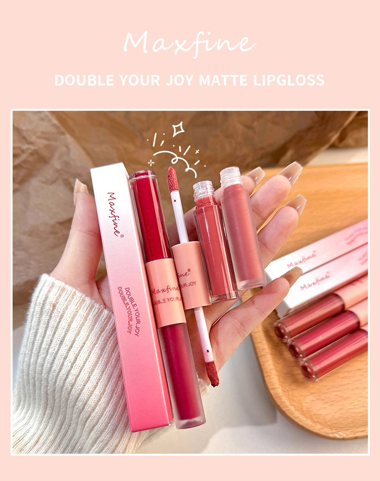 Maxfine double-ended matte and velvet lip gloss with wand applicator, pink packaging, and moisturizing waterproof formula.