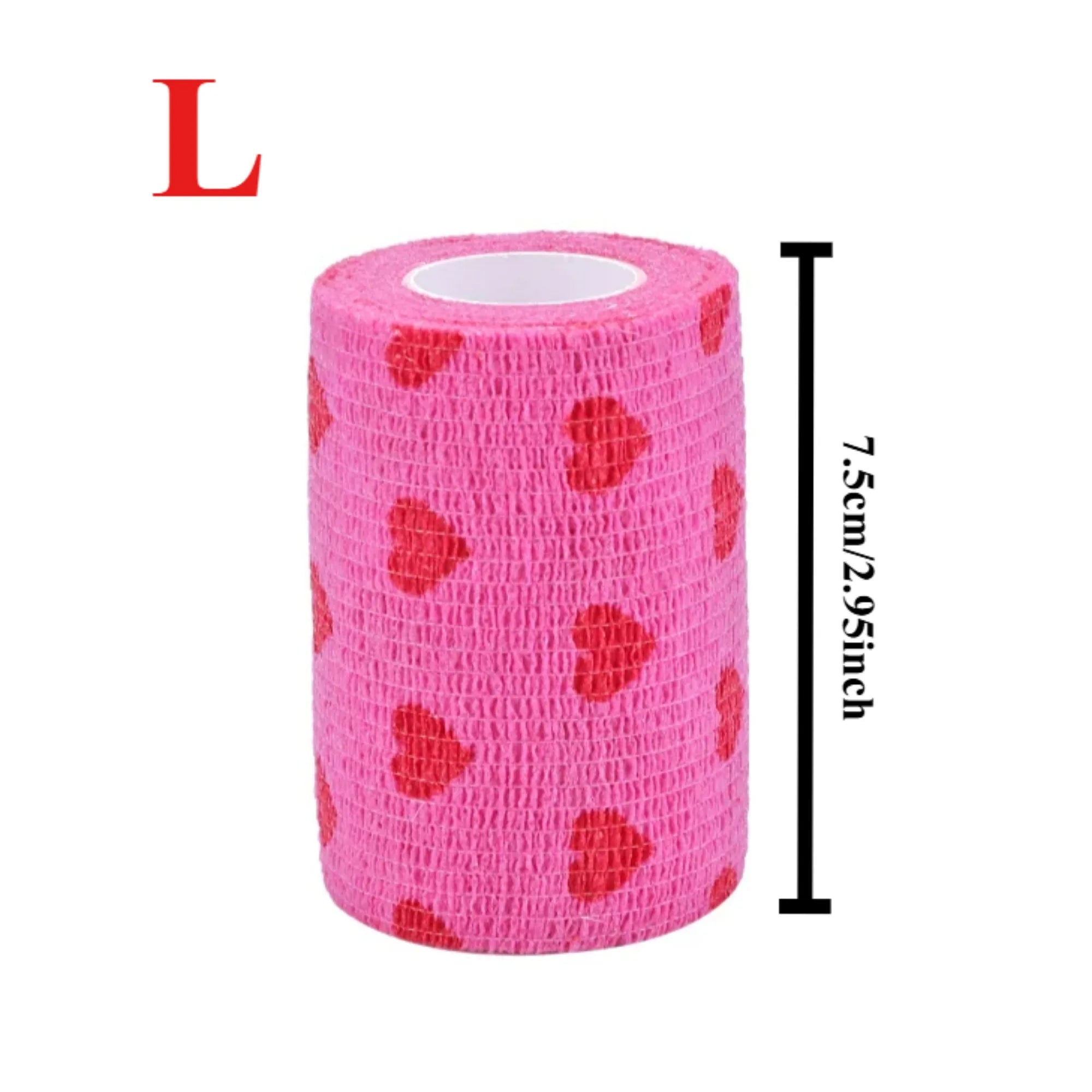 Pink heart-print self-adherent pet bandage, 7.5cm breathable non-woven vet wrap for dog and cat wound care.