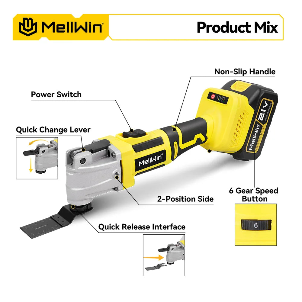 MELLWIN Brushless Oscillating Multi Function Tool Electric Saw Polisher Woodworking Cutting Tool For Makita 18V Battery Pin