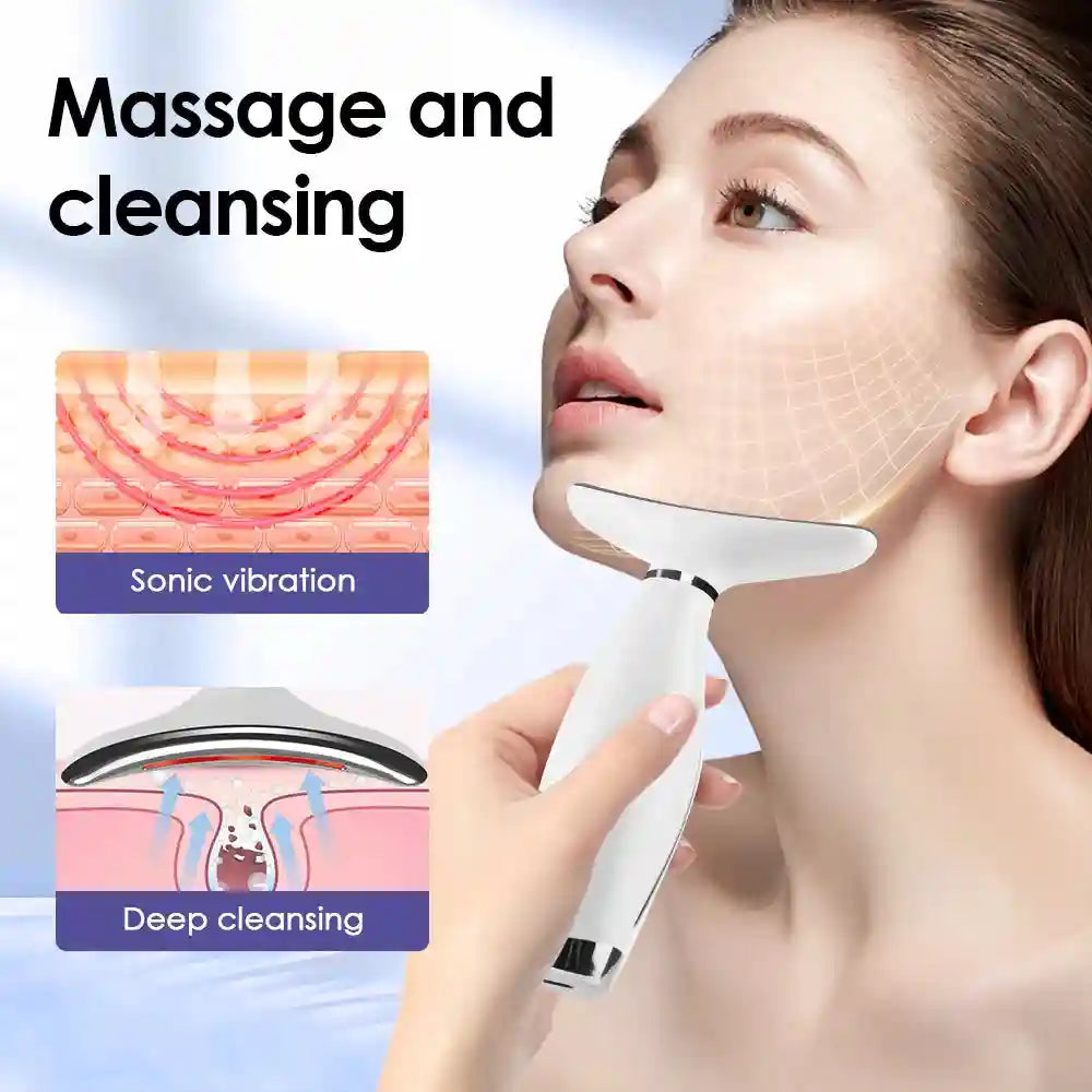 A white, ergonomic handheld LED neck and facial massager being used on a woman's chin and jawline.