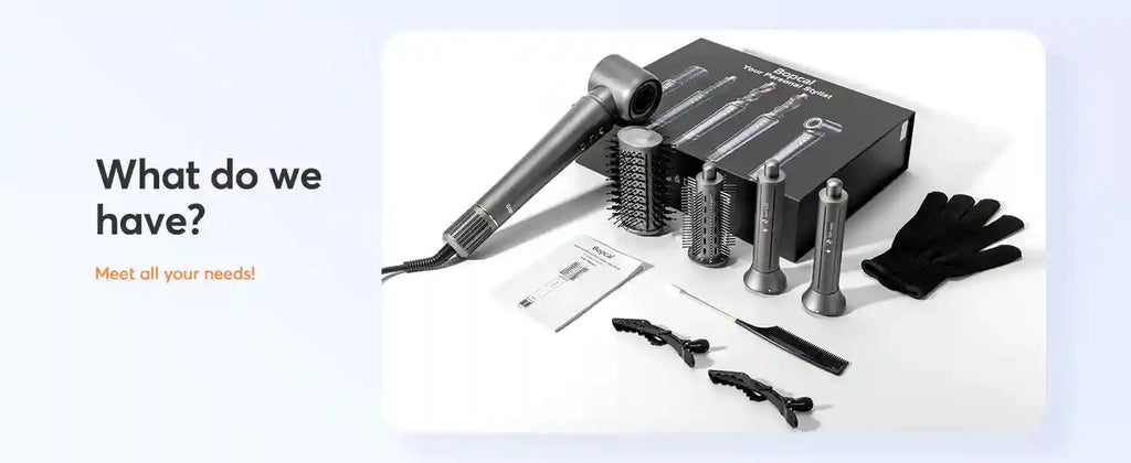 Bopcal 5-in-1 grey hair dryer styling set with hot air brush, curling attachments, clips, and glove.