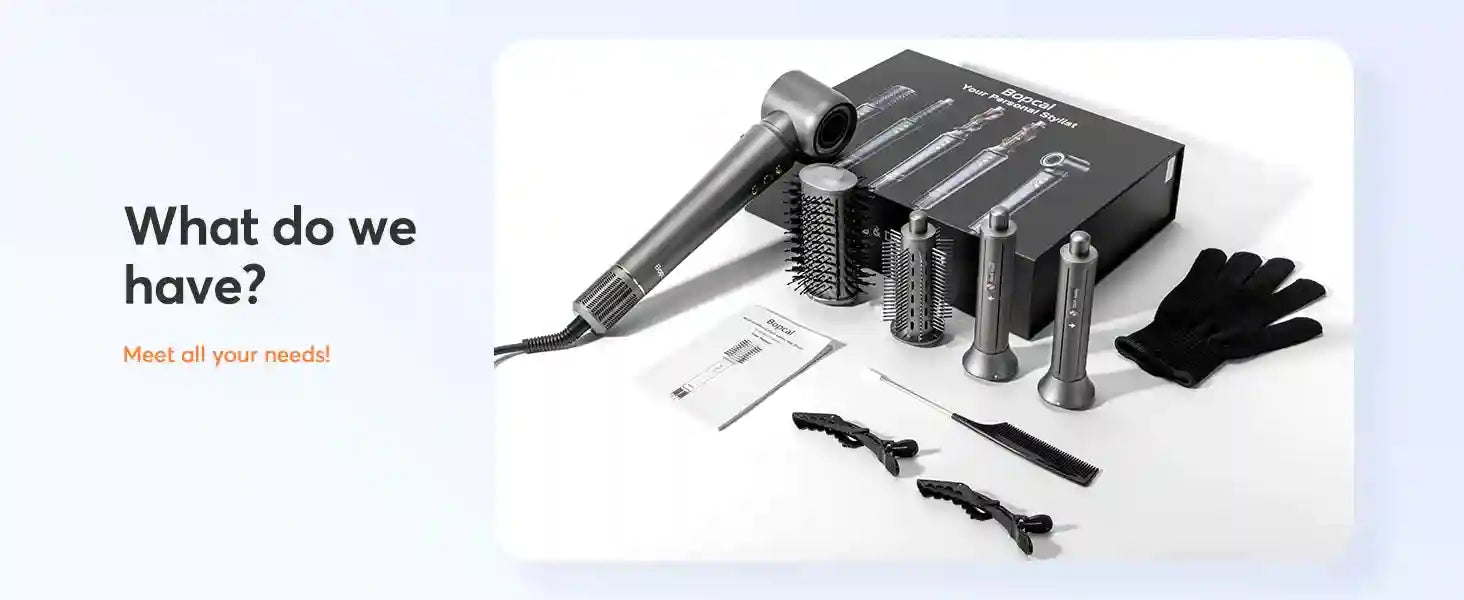 Bopcal 5-in-1 grey hair dryer styling set with hot air brush, curling attachments, clips, and glove.