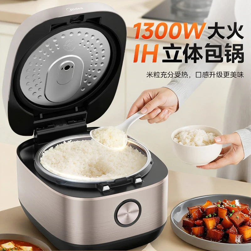Midea 5L rice cooker, open lid with inner pot and steamed white rice being scooped