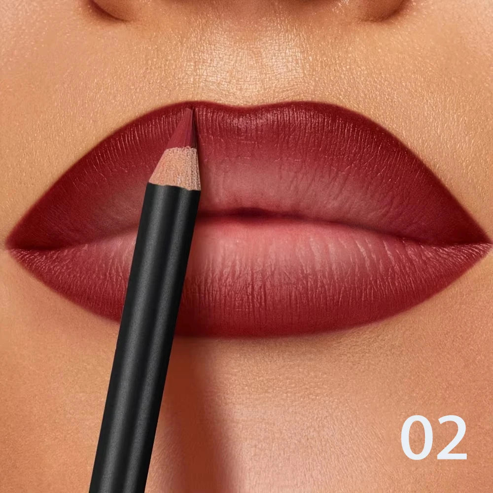 Long-lasting waterproof matte lip liner pencil in shade 02, creating a smooth, non-transfer red matte lip makeup look.