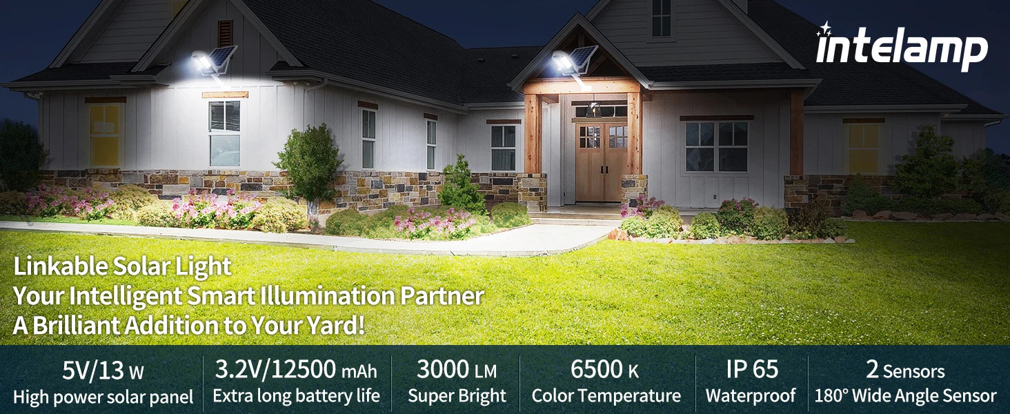 Intelamp Solar Street Lights Outdoor Lamp 3000LM 12500mAh With Two Motion Sensors Super Large Solar Panel For Garden Yard Path