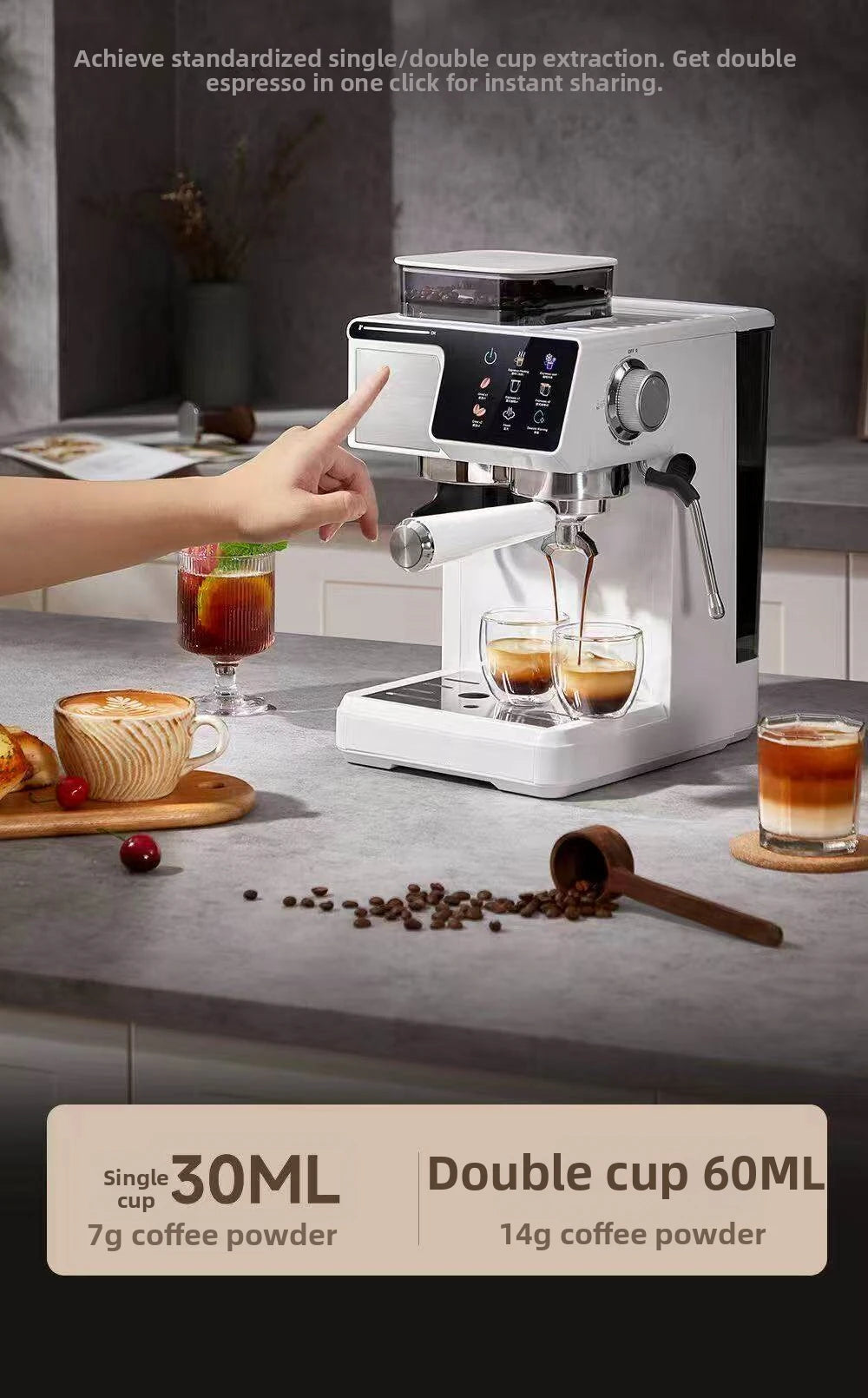 White compact espresso machine with touchscreen interface, portafilter, and 30ml/60ml extraction settings.
