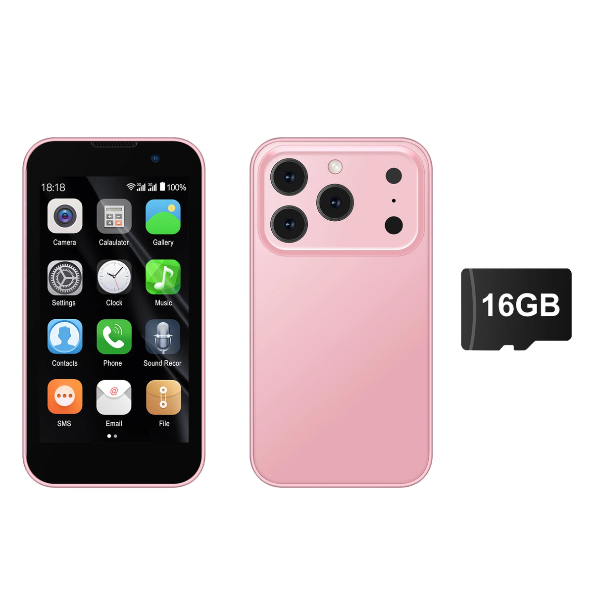 Pink smartphone front and back with dual cameras, clean rear panel design